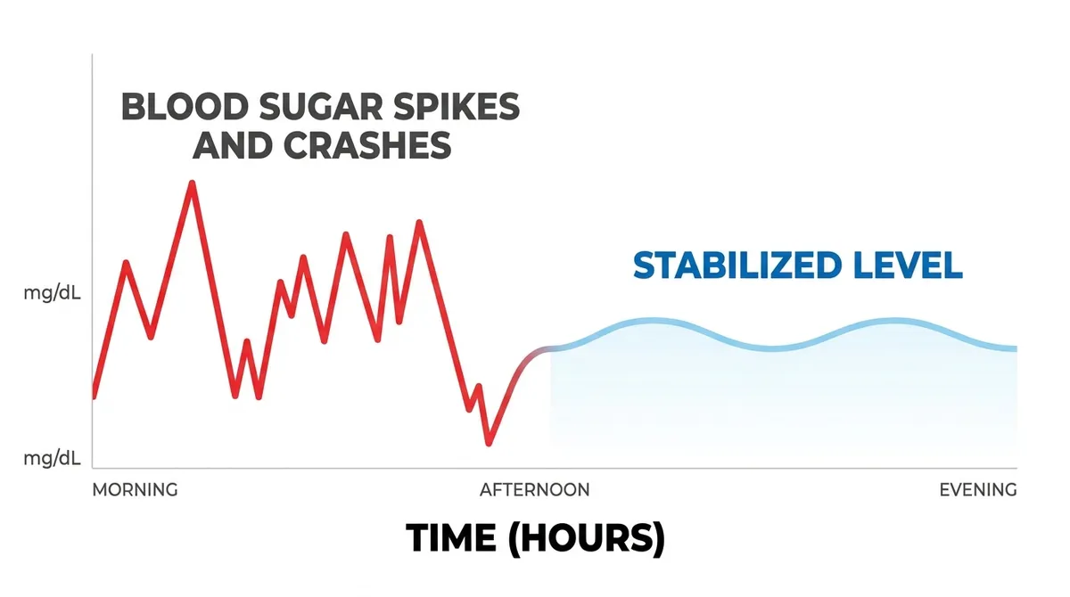 Blood sugar graph showing spikes and crashes versus a stable line