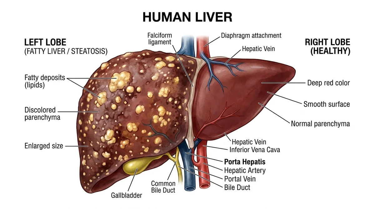 Medical illustration of a human liver half fatty and half healthy