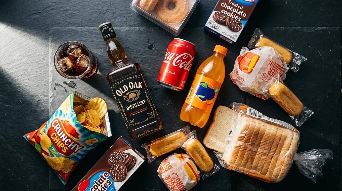 Flat lay of foods harmful to liver health including sugary drinks, processed snacks, and alcohol
