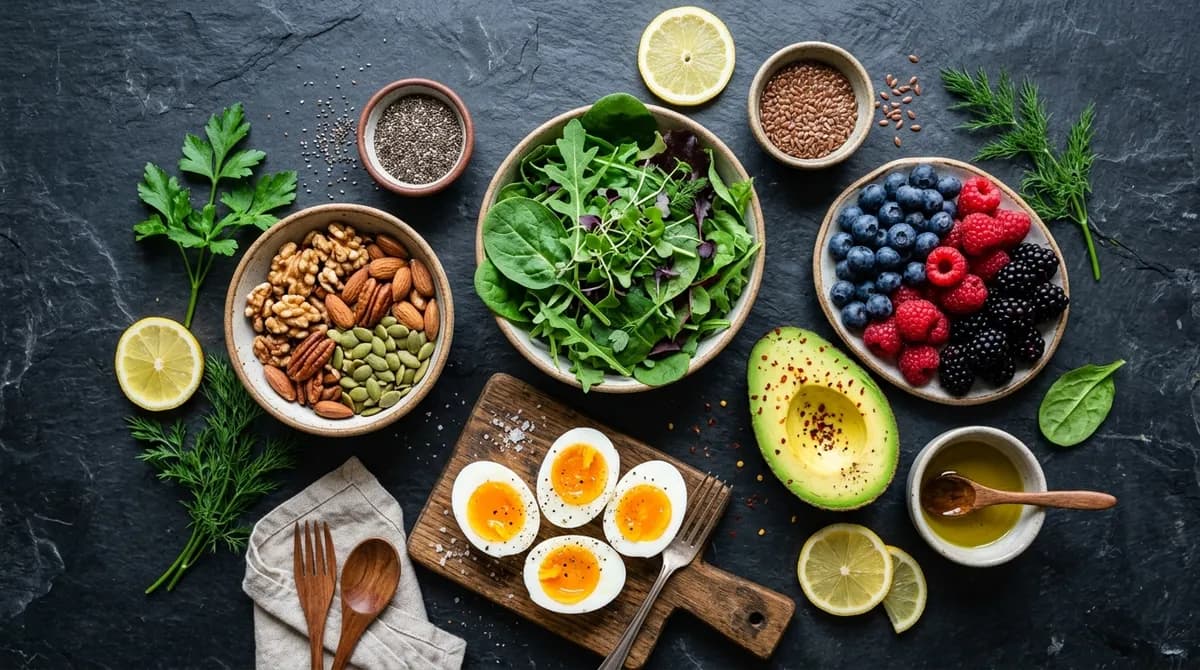 Flat lay of healthy whole foods including nuts avocado eggs and leafy greens