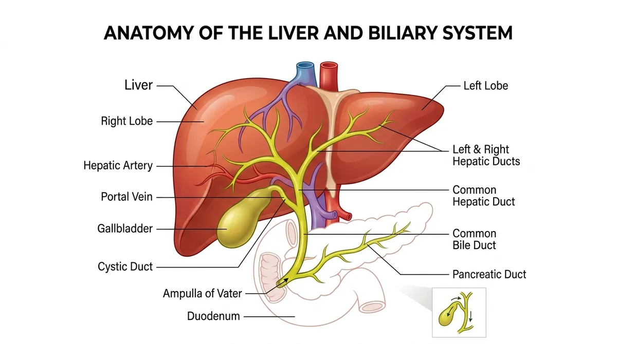 Medical illustration of the liver and gallbladder with bile ducts highlighted