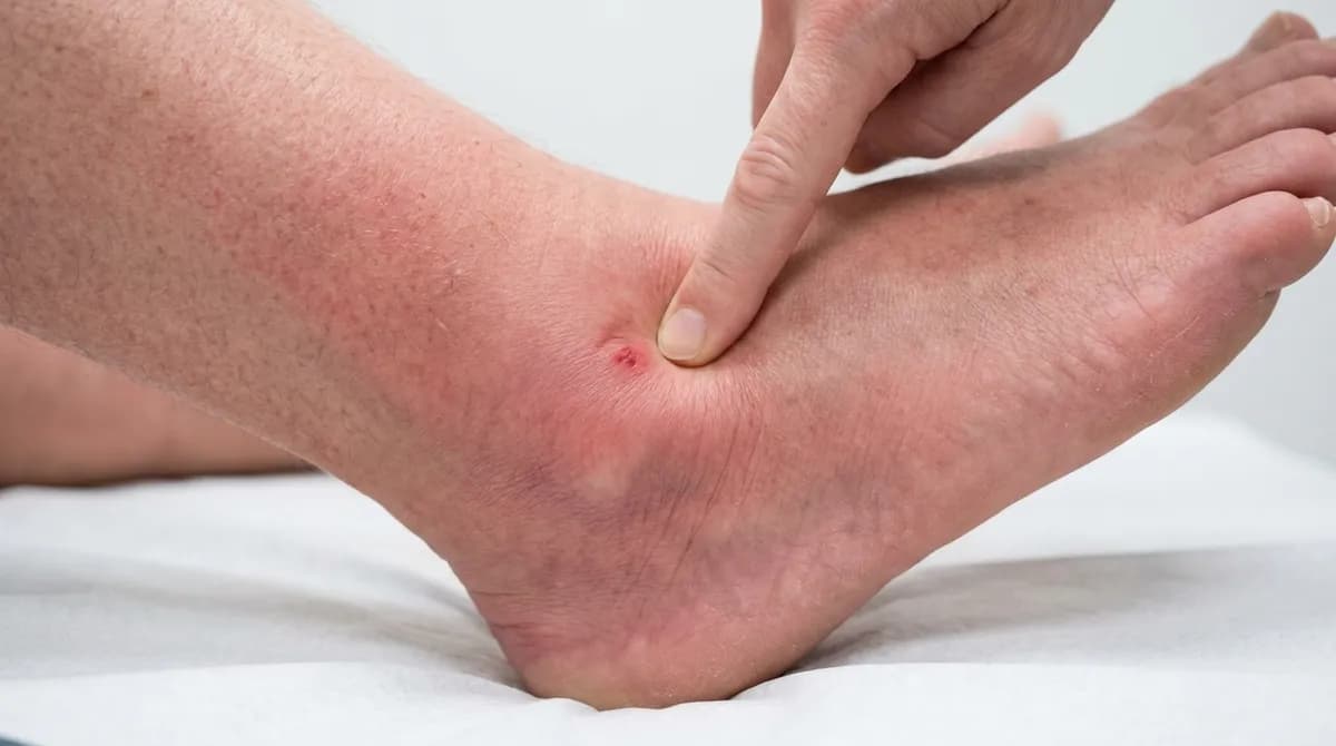 Finger pressing into a swollen ankle leaving a visible indentation