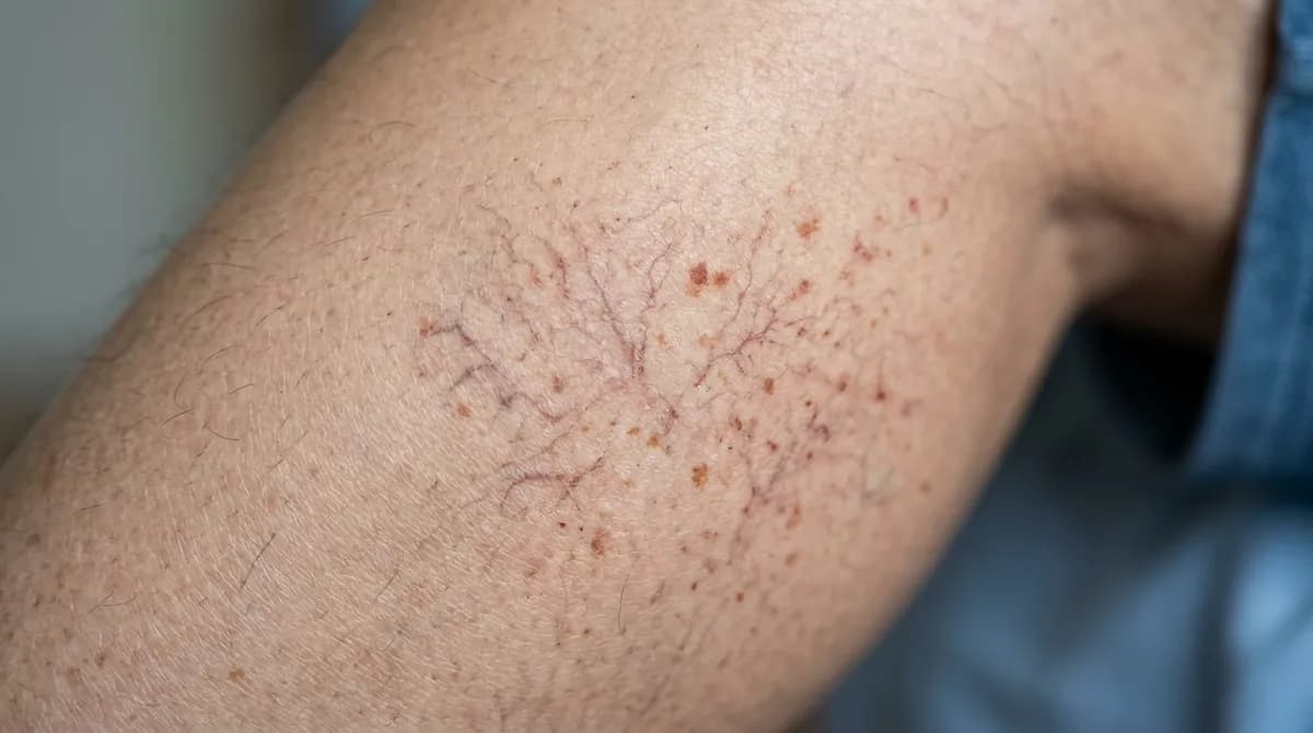 Close-up of lower leg skin showing spider veins and reddish-brown discolouration