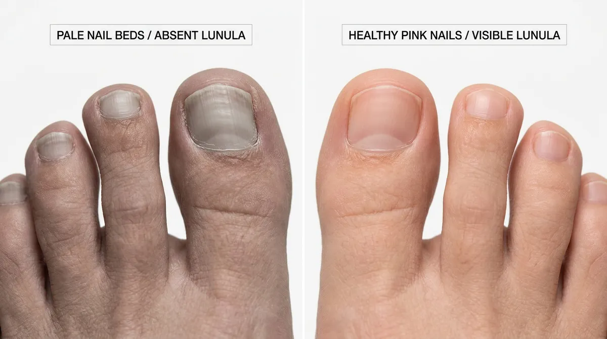 Close-up of toes showing pale white nail beds compared to healthy pink nails