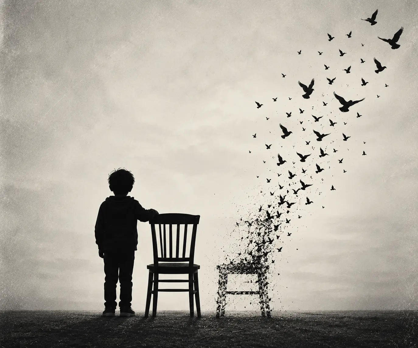 A child stands beside an empty chair dissolving into birds
