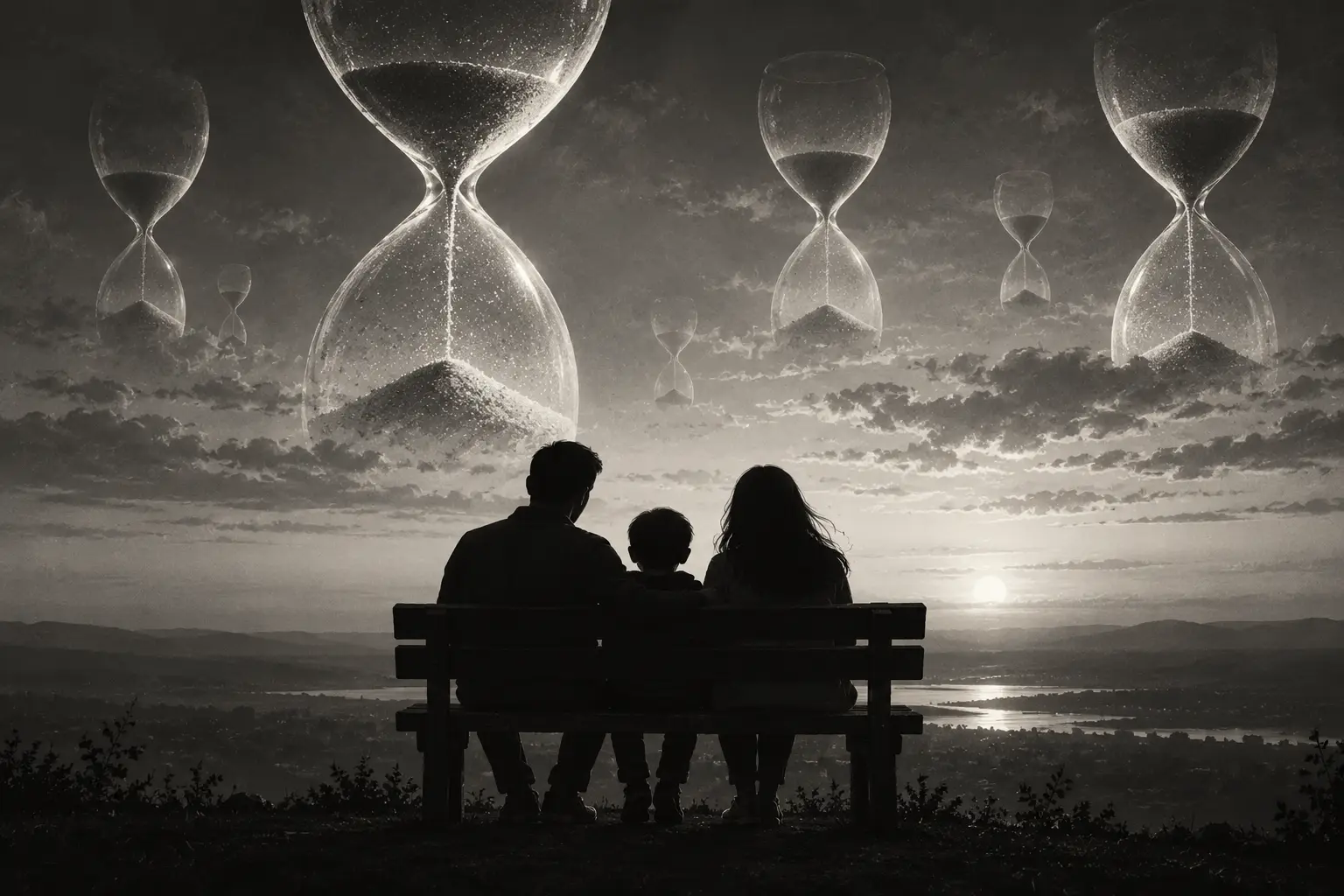 A family sits on a bench watching giant hourglasses drift across the sky at sunset