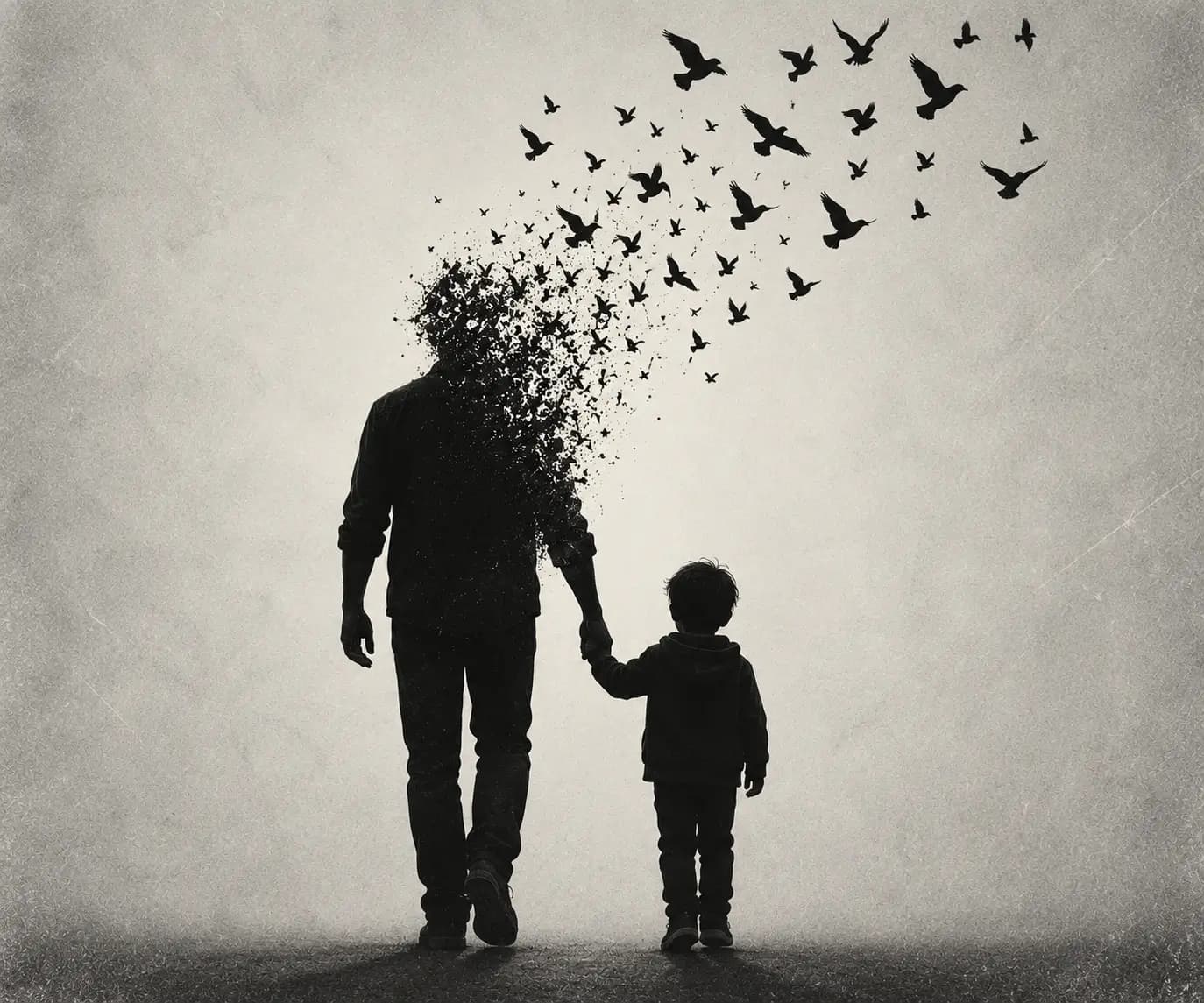 A father dissolving into birds walks hand in hand with his son