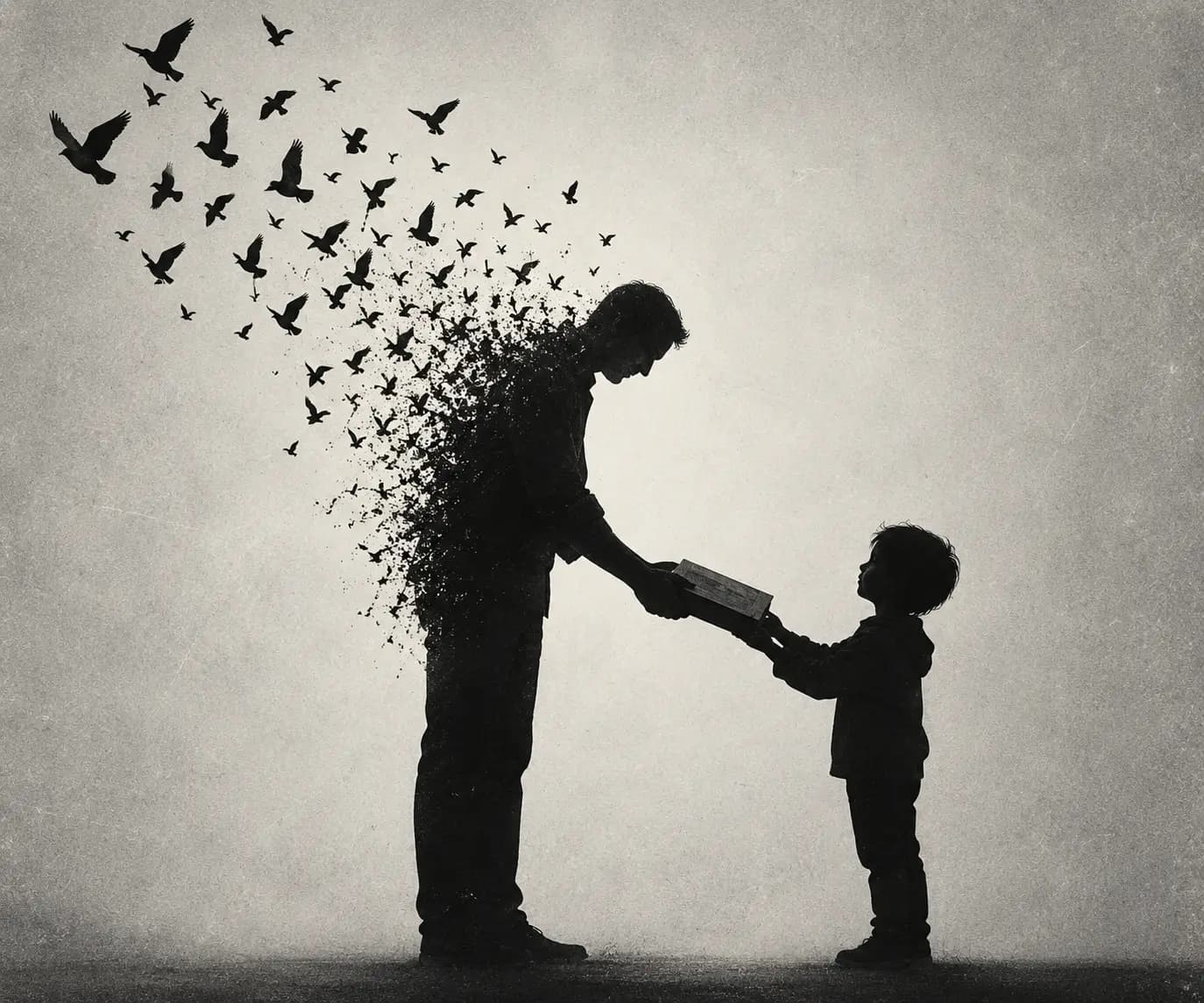 A father dissolving into a flock of birds hands a keepsake box to his young son
