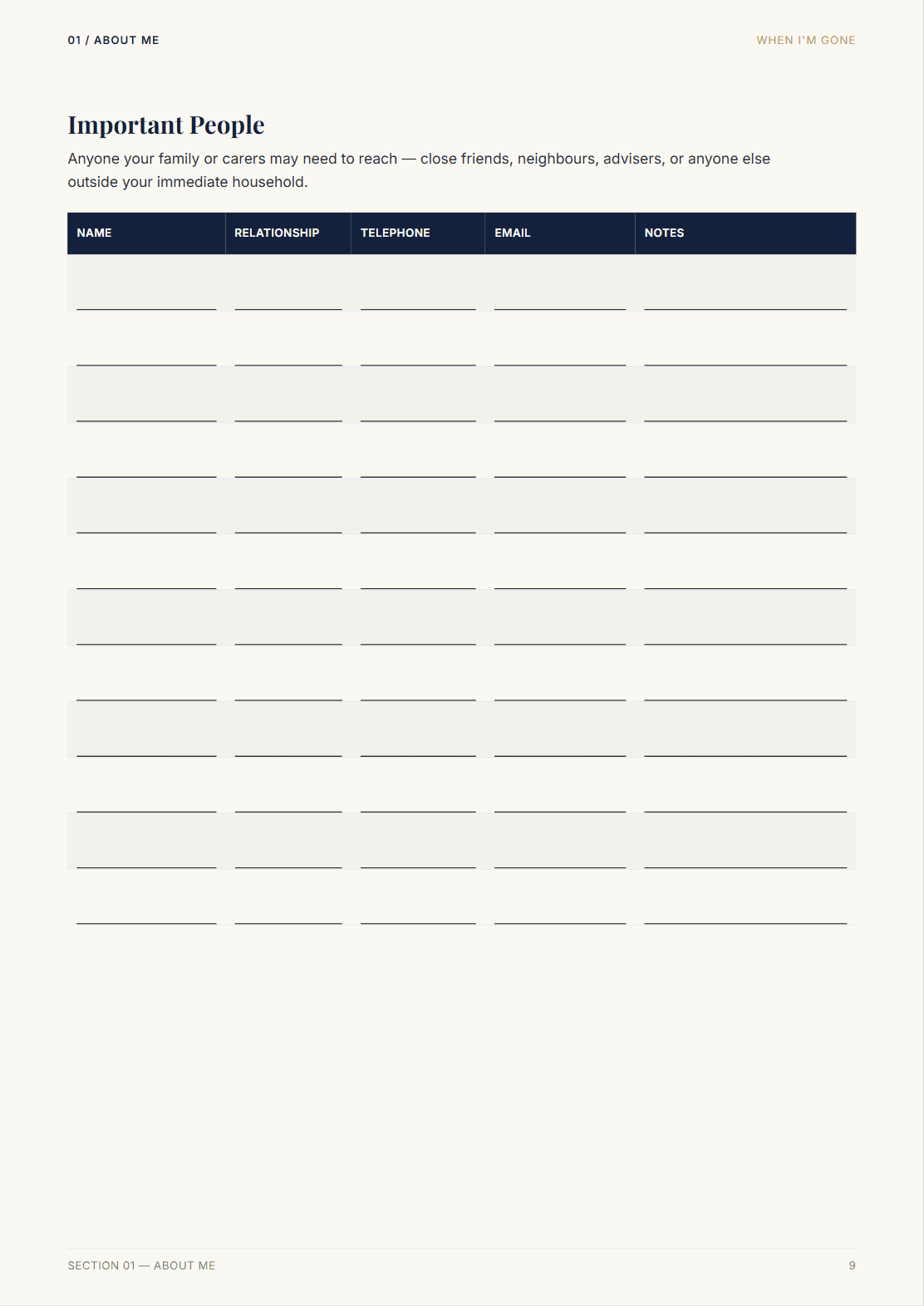 When I'm Gone planner fillable worksheet page for recording important contacts