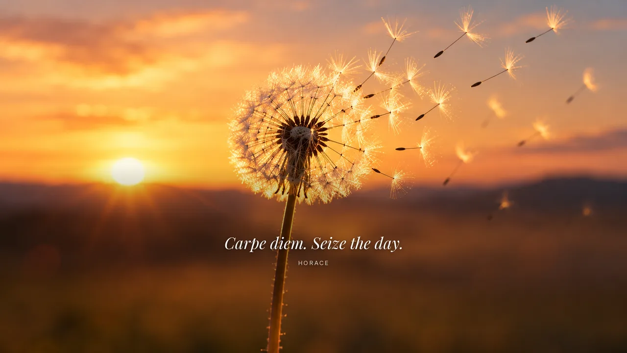 A dandelion clock with its seeds blowing away into a soft golden sunrise, shown on a desktop