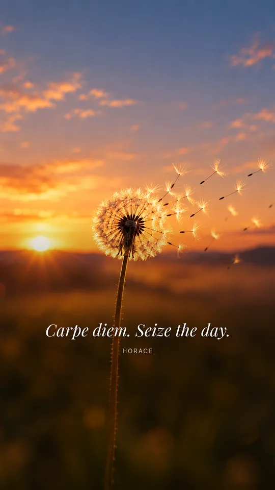 A dandelion clock with its seeds blowing away into a soft golden sunrise, shown on a phone