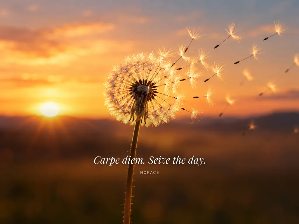 A dandelion clock with its seeds blowing away into a soft golden sunrise, shown on a tablet