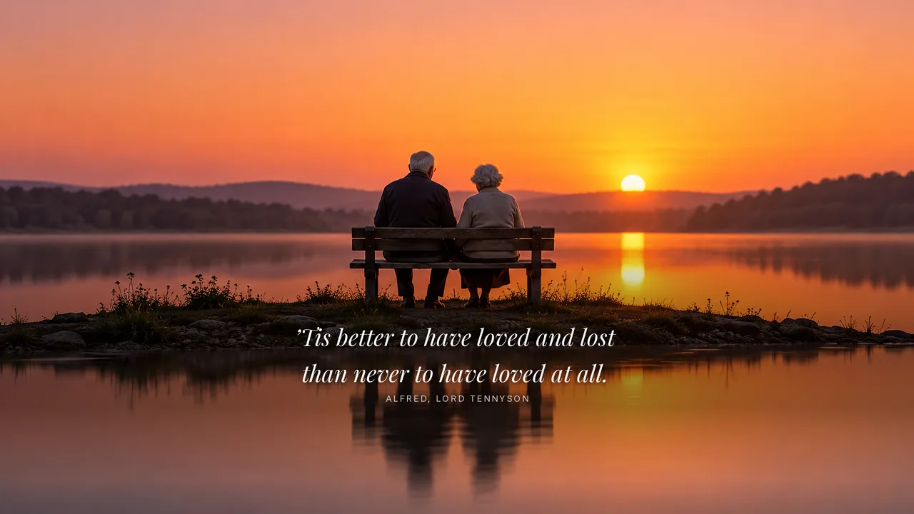 An elderly couple seen from behind sitting on a bench by a calm lake at sunset, shown on a desktop