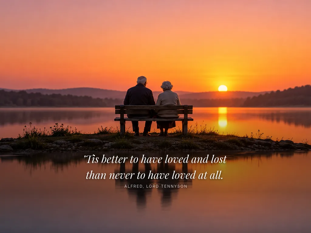 An elderly couple seen from behind sitting on a bench by a calm lake at sunset, shown on a tablet
