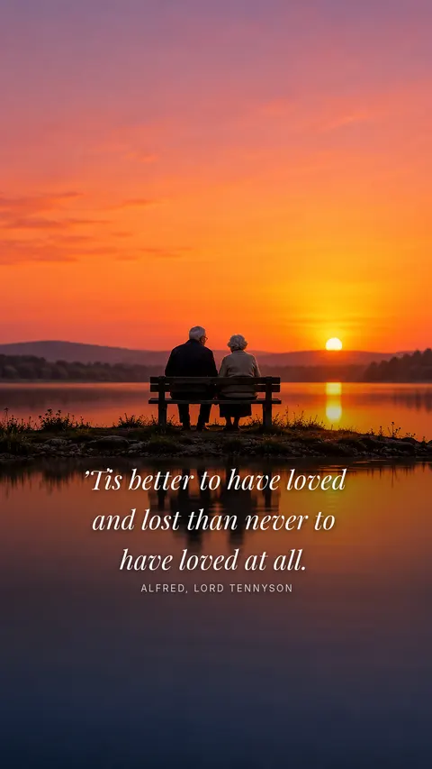 An elderly couple seen from behind sitting on a bench by a calm lake at sunset