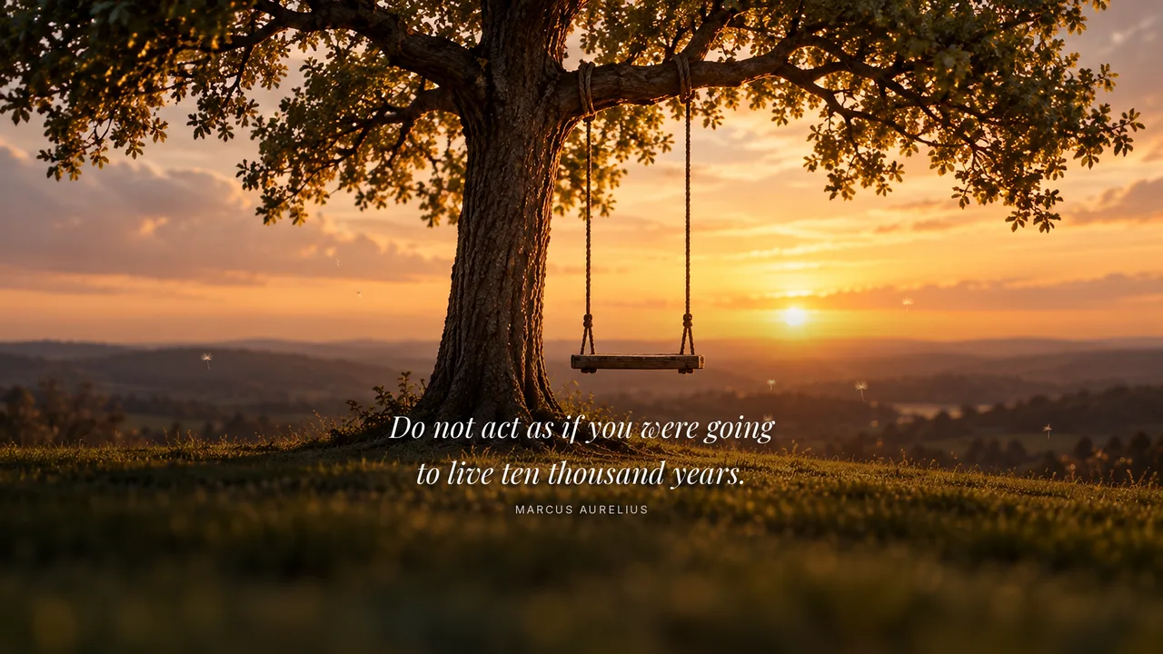 An empty wooden swing hanging from a large oak tree on a grassy hill at golden hour, shown on a desktop