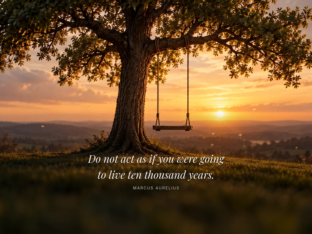 An empty wooden swing hanging from a large oak tree on a grassy hill at golden hour, shown on a tablet