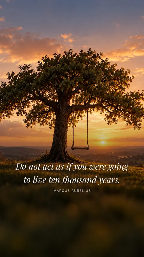 An empty wooden swing hanging from a large oak tree on a grassy hill at golden hour