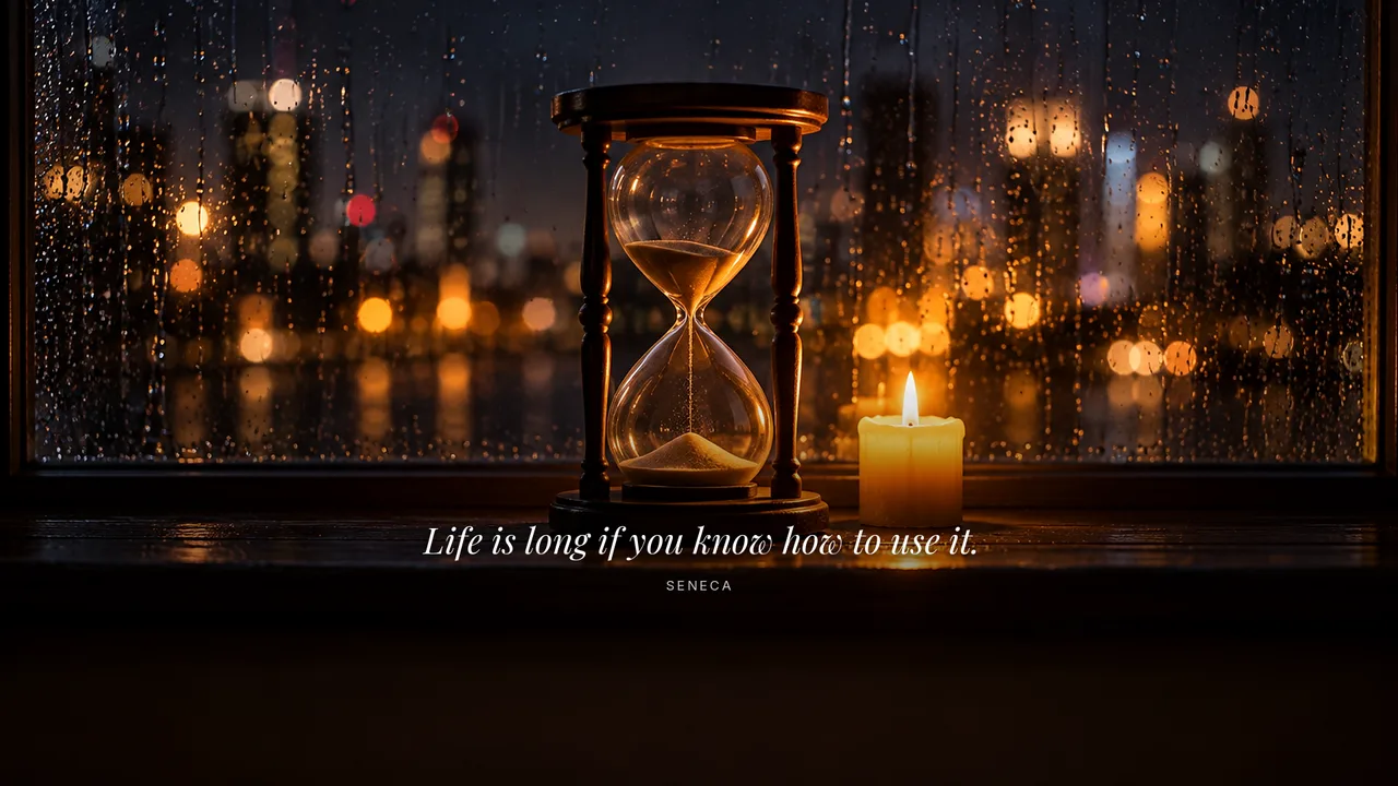 A glass hourglass with the last grains of sand falling, beside a candle on a rainy night windowsill, shown on a desktop