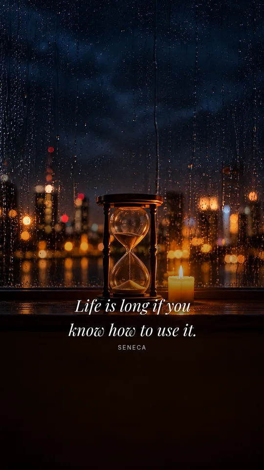 A glass hourglass with the last grains of sand falling, beside a candle on a rainy night windowsill, shown on a phone