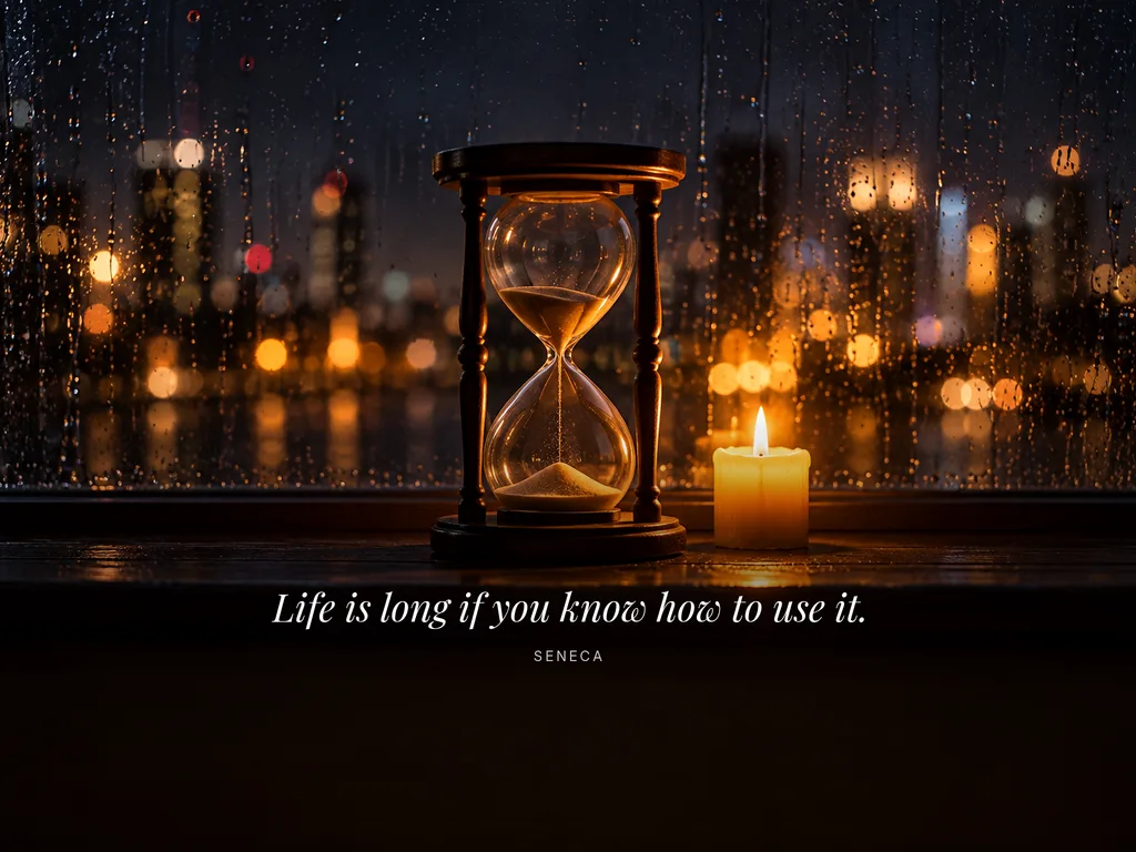 A glass hourglass with the last grains of sand falling, beside a candle on a rainy night windowsill, shown on a tablet