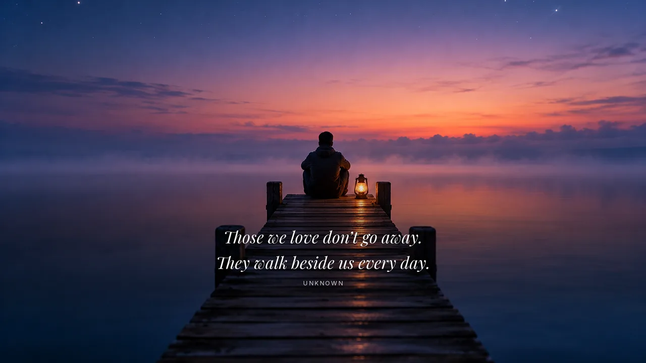 A lone person sitting at the end of a wooden pier at dusk with a small glowing lantern, shown on a desktop