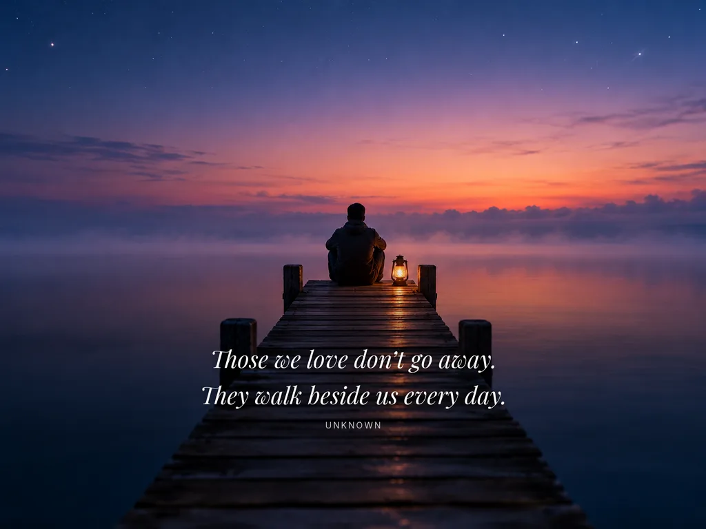 A lone person sitting at the end of a wooden pier at dusk with a small glowing lantern, shown on a tablet